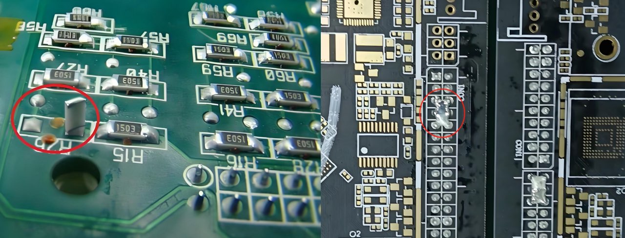 常见 SMT 装配缺陷示例，包括立碑和焊桥