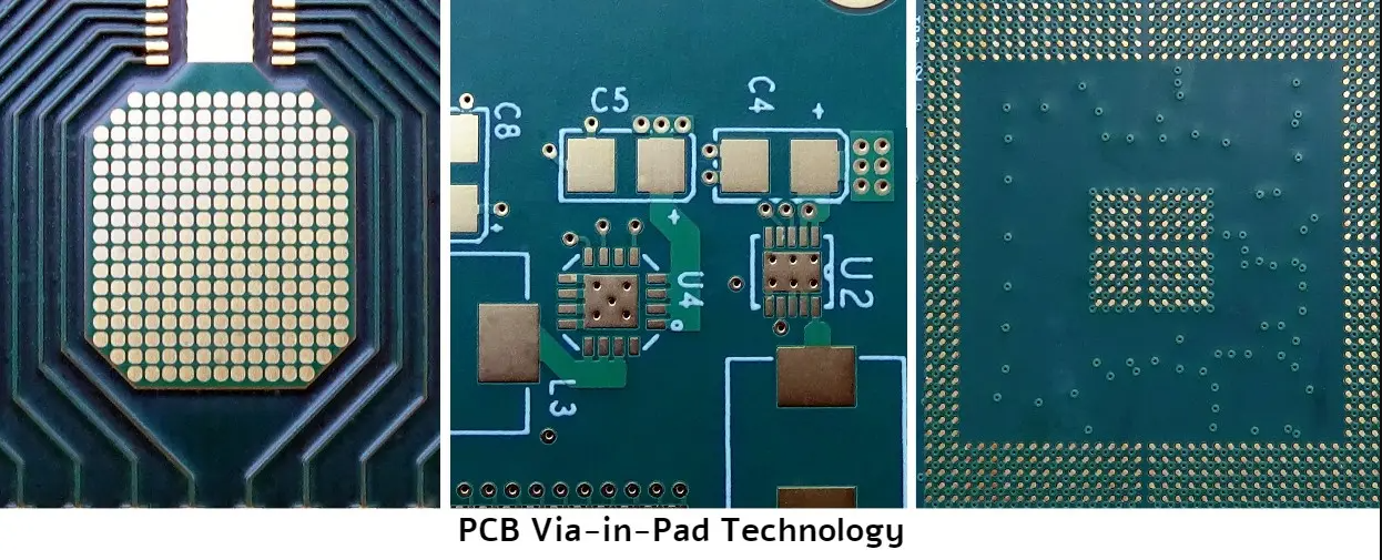 HDI PCB 组装中焊盘通孔技术的横截面。