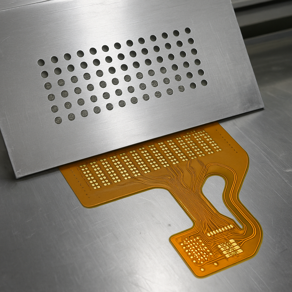 用于柔性 PCB 的模板在焊膏应用期间与柔性电路对齐。