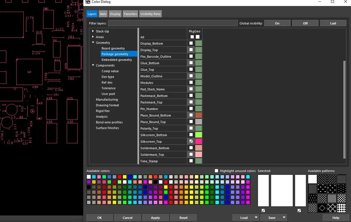 显示丝印层颜色和文本设置的 PCB 设计软件。