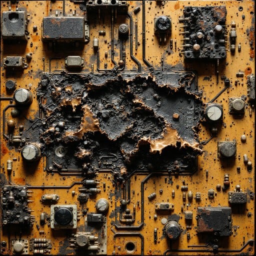 安全摄像头 PCB 损坏，部件腐蚀和烧毁