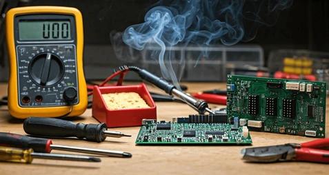 带有安全摄像头 PCB 维修工具的技术人员工作台