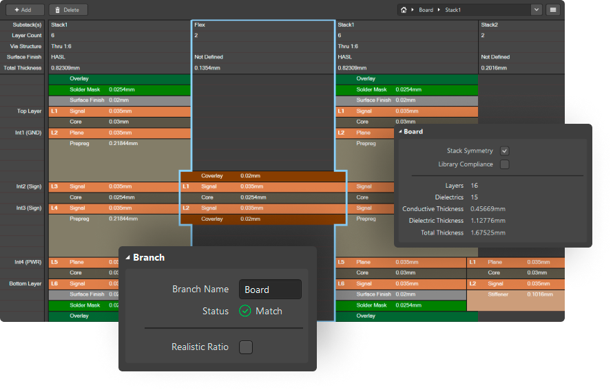 PCB stack-up editor interface for layer configuration in design software