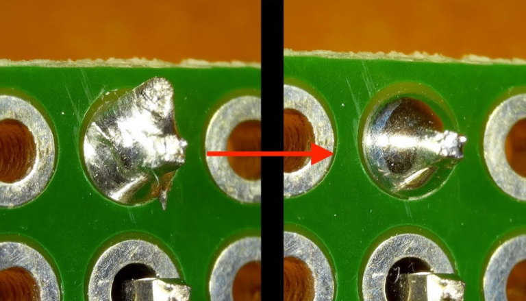 Comparison of good solder joint vs cold solder joint for identifying cold solder joints.